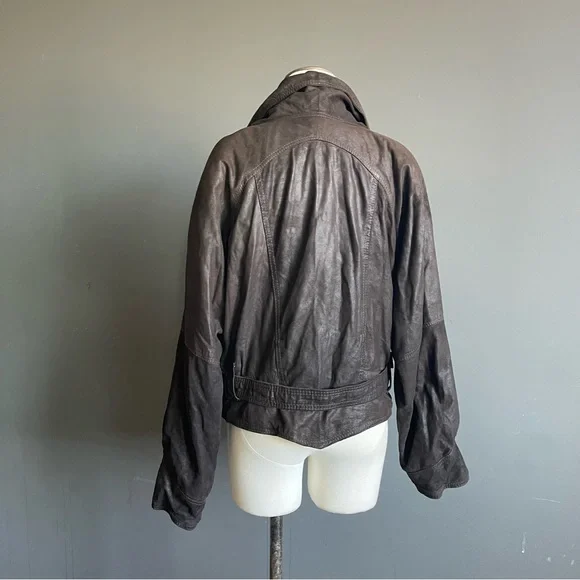 Vintage Lamb Leather Draped Jacket Belted Brown Cropped Moto Oversized Biker - Picture 7 of 10